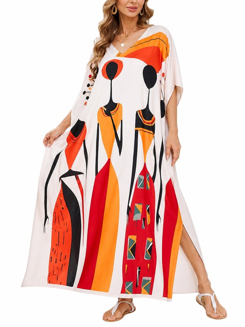 Lady Tribal Printed Caftan Plus Size Dress Comfy Polyester Loose Maxi Dresses
